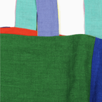 Close-up of the colorful, handcrafted Small Linen Tote Bag featuring green, blue, red, and purple tones.