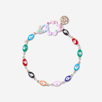 Colorful MALAK BRACELET with enamel evil eye charms and gold-plated aluminum, symbolizing protection and love.