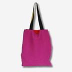 Colorful linen tote bag in pink with contrasting straps, perfect for everyday use and stylish carryall.