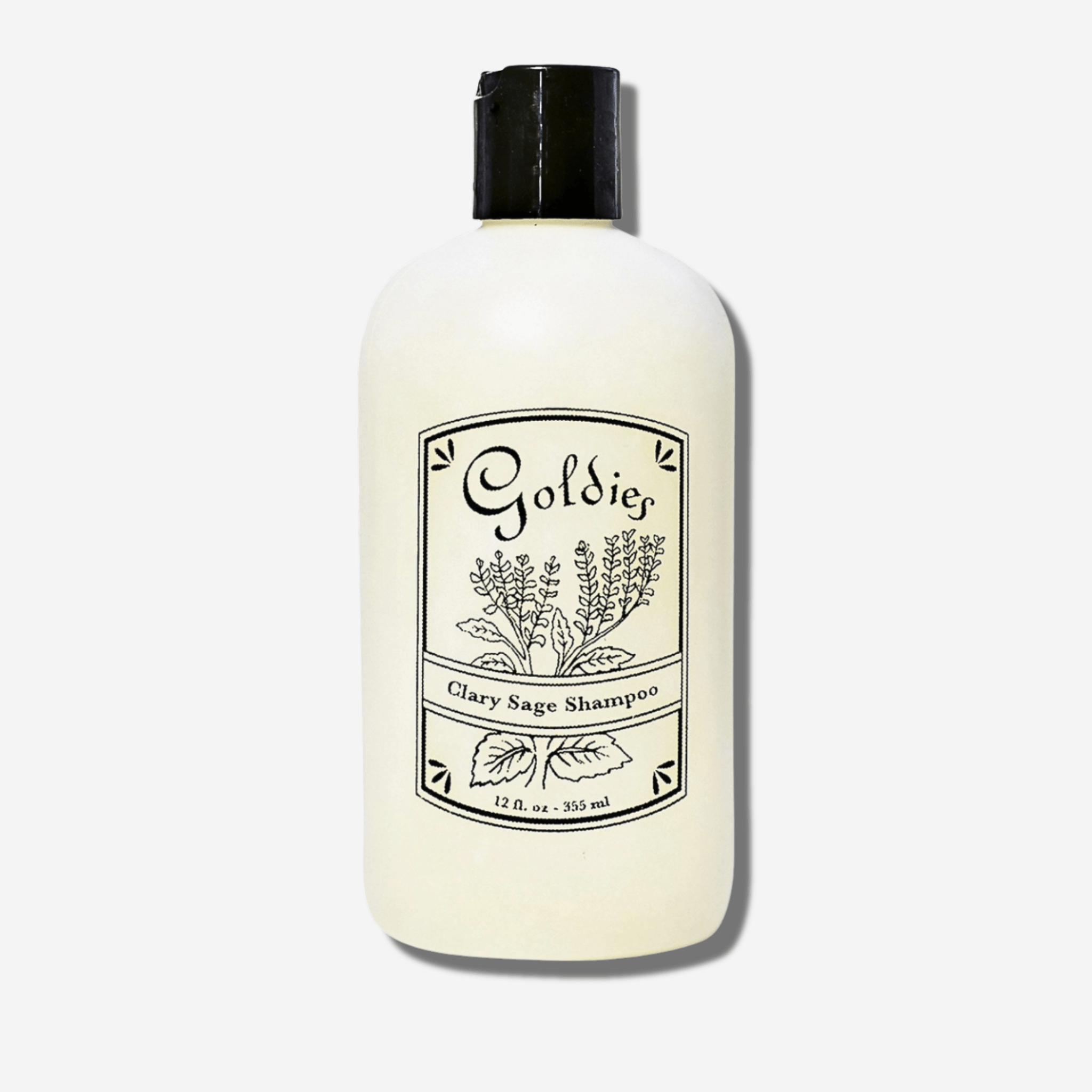 Goldie's Clary Sage Shampoo bottle showcasing natural ingredients for refreshing, sulfate-free hair care.