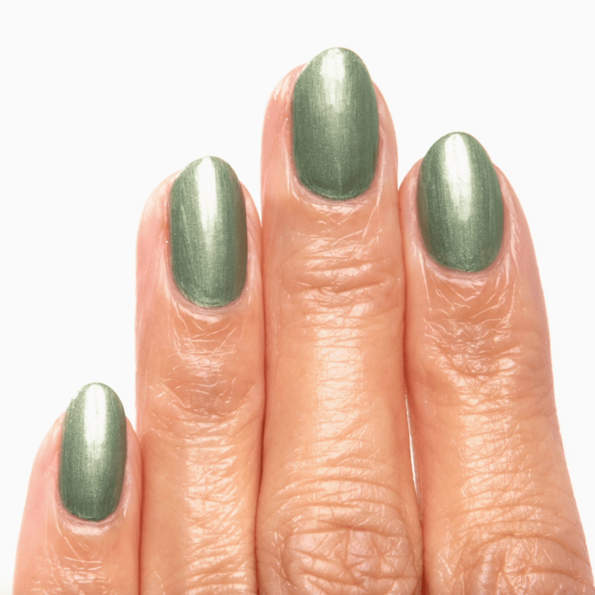 Close-up of manicured nails showcasing soft silvery sage polish, Forever Wear Chill Paint.