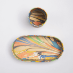 Hand-marbled rainbow tray and cup set, showcasing vibrant colors and artisanal craftsmanship for organized decor.