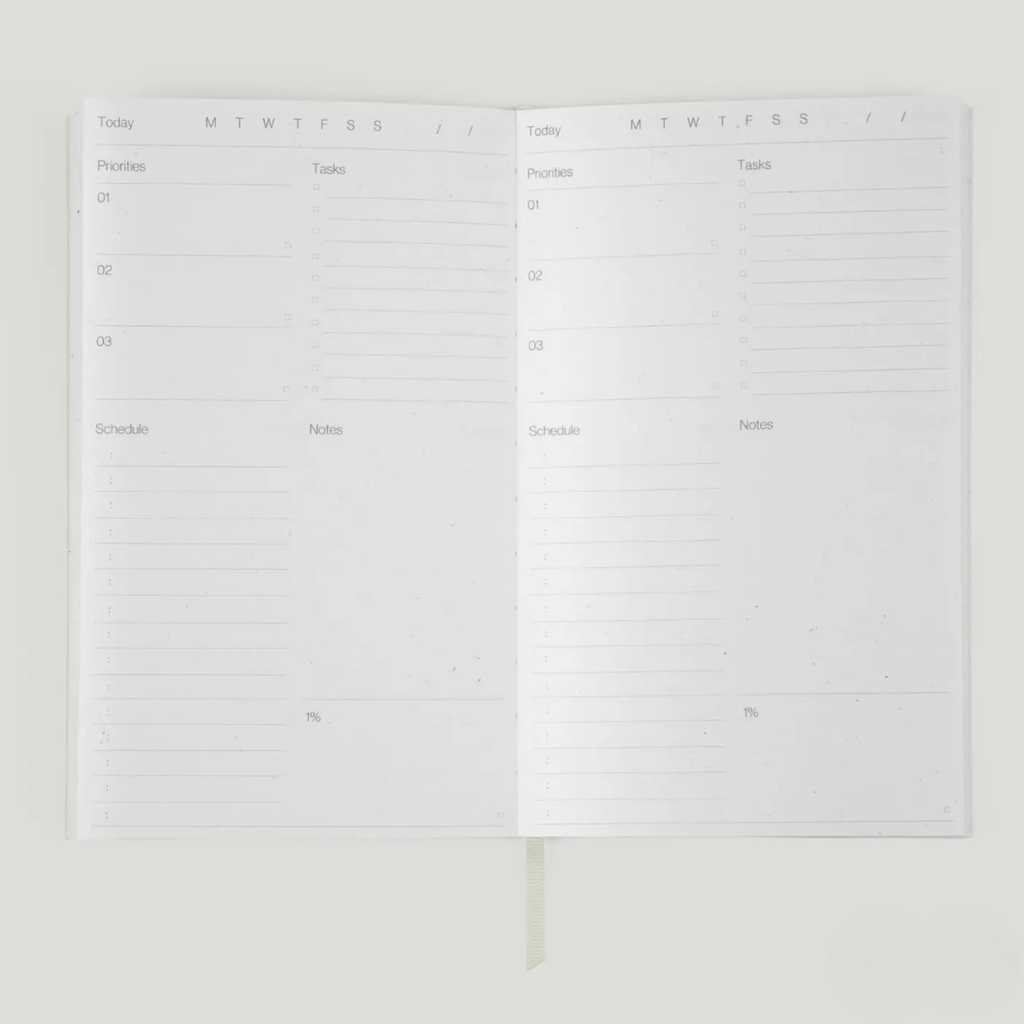 Open day planner spread showing priorities, tasks, schedule, and notes sections for effective daily planning.