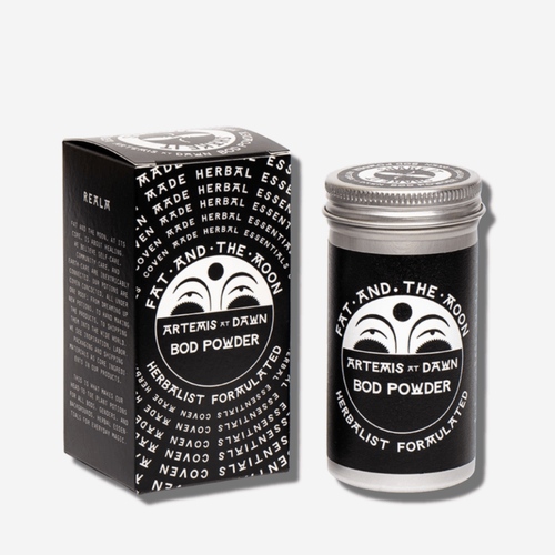 Artemis at Dawn Bod Powder by Fat and the Moon in a chic black and white container with herbal benefits.