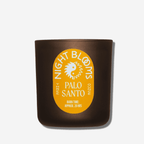 Palo Santo Candle by Night Blooms in a dark jar, 3 oz, with a burn time of 20 hours, promoting calm and clarity.